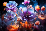 Fantastic glowing flowers on black background, abstract floral wallpaper, magical blooming garden