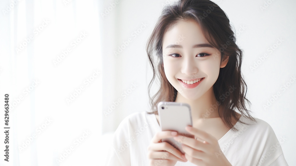 スマホを操作する笑顔の女性 スマホを操作する笑顔の女性