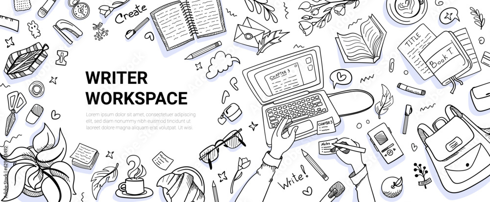 Writer workspace doodle set. Hand drawn elements, desk, laptop, diary, book, hands, pen and pencil for editor, journalist design template. Creative occupation desktop top view. Vector illustration Writer workspace doodle set. Hand drawn elements, desk, laptop, diary, book, hands, pen and pencil for editor, journalist design template. Creative occupation desktop top view. Vector illustration