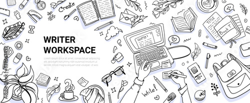 Writer workspace doodle set. Hand drawn elements, desk, laptop, diary, book, hands, pen and pencil for editor, journalist design template. Creative occupation desktop top view. Vector illustration