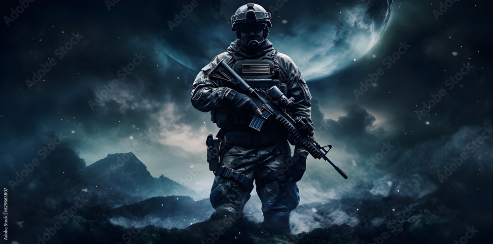 Army soldier with his gun on a dark background
created with Generative AI technology
Army soldier with his gun on a dark background
created with Generative AI technology