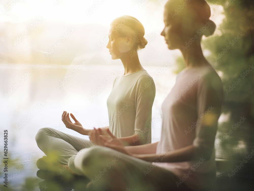 Two women meditating peacefully, Several women are meditating, practicing yoga, tranquility and peace, self-discovery