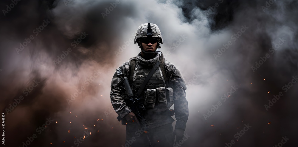 Army soldier with his gun on a dark background
created with Generative AI technology
Army soldier with his gun on a dark background
created with Generative AI technology