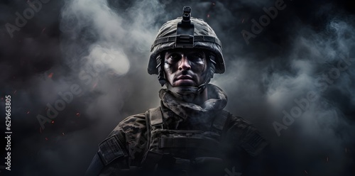 Army soldier with his gun on a dark background created with Generative AI technology   © Oksana