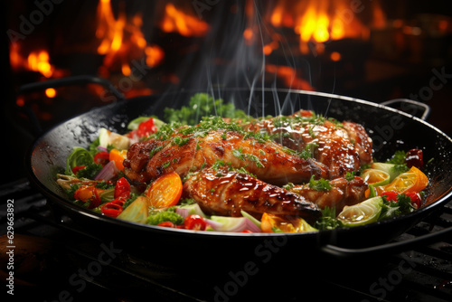 Grilled chicken with vegetables  barbecue with fire and smoke