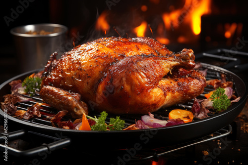 Grilled chicken with vegetables, barbecue with fire and smoke