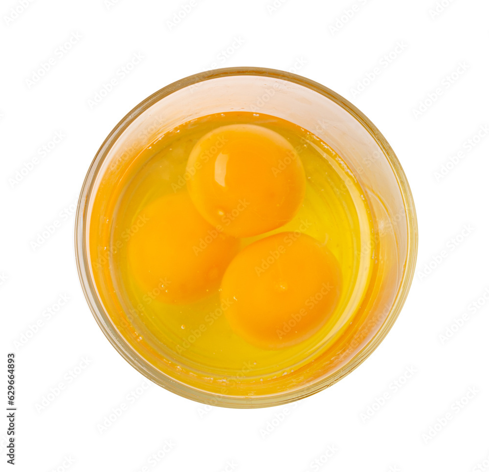Broken Egg in Glass Isolated, Raw Yolk and White, Cracked Brown Shell, Fresh Broken Organic Chicken Eggs