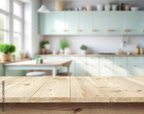 Background of a beautiful and bright kitchen with desk