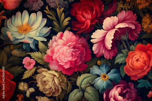 Beautiful fantasy vintage wallpaper botanical flower bunch,vintage motif for floral print digital background created with Generative AI technology.