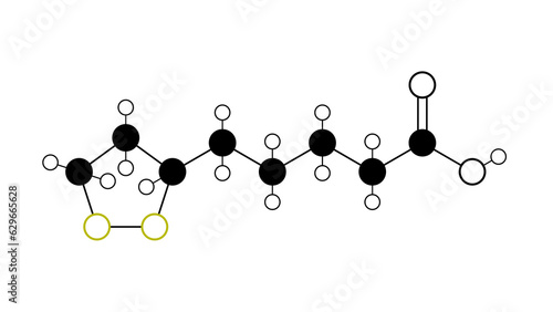 lipoic acid molecule, structural chemical formula, ball-and-stick model, isolated image alpha-lipoic acid photo