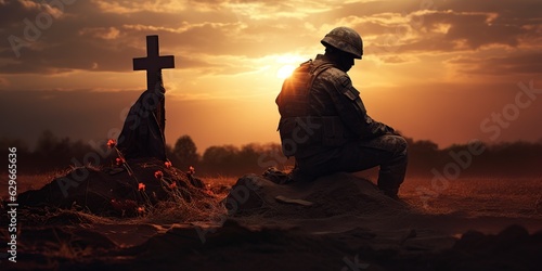 soldier kneeling before a fallen soldier in a sunset