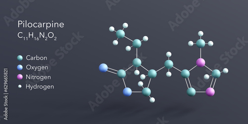 pilocarpine molecule 3d rendering, flat molecular structure with chemical formula and atoms color coding photo