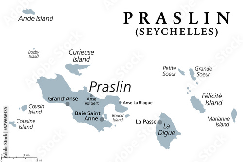 Praslin and nearby islands, gray political map. Second largest islands of the Seychelles, a Republic and archipelagic state in the Indian Ocean. La Digue, Curieuse, Felicite, and smaller islands.