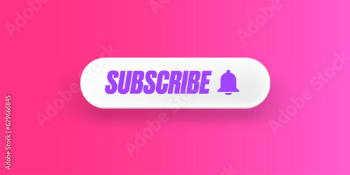 White paper subscribes button with ring bell isolated on stylish pink background. Subscribe banner template with white paper Subscribe video channel button