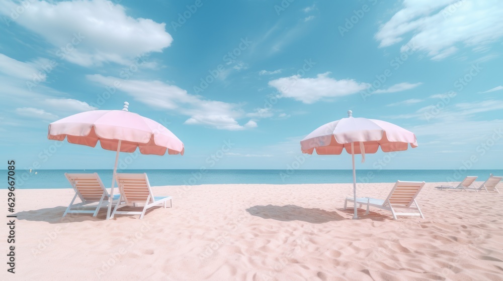 Hot summer landscape, warm sunny day on the beach, on the seashore. Sand on the beach, in the resort. Pastel pink umbrellas and deck chairs. The travel season has begun. Generative AI