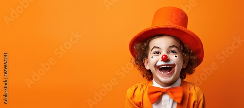 Fotografija Cute Young Boy Dressed as a Clown for Halloween on a Green Banner with Space for
