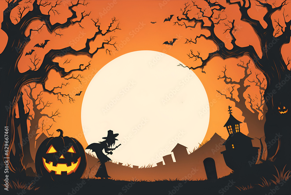 Halloween Pumpkin and Haunted House cartoon Style  Halloween background