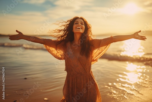 woman with arms outstretched enjoying freedom on the beach