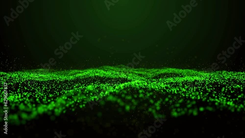 Abstract digital particle wave and light abstract background. Depth of field effect, blur effect, loop possible green dark
