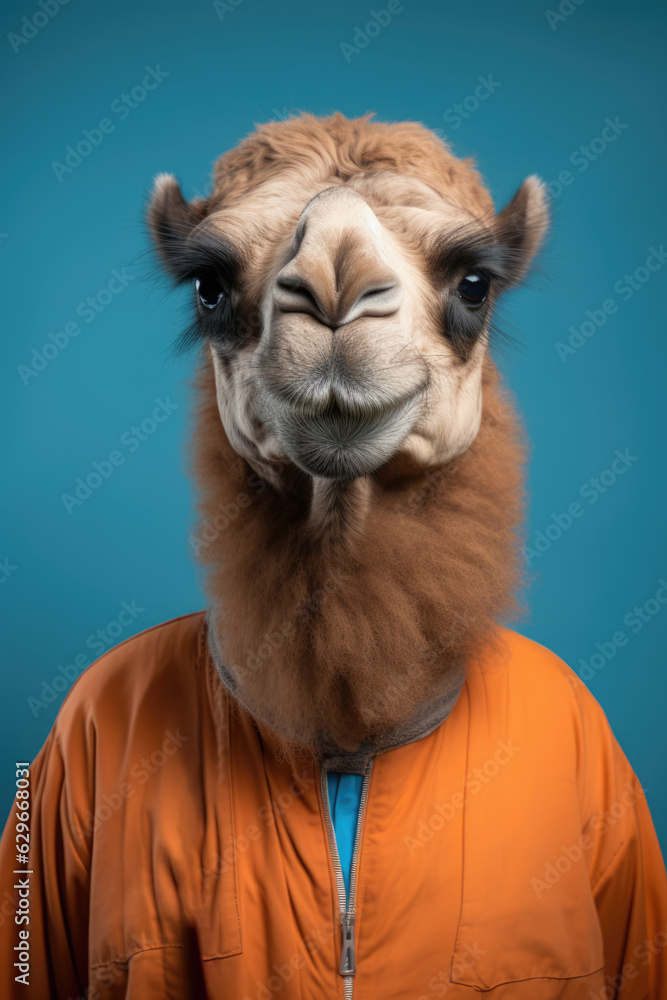 Portrait of camel in orange prison jumpsuit. AI generative art