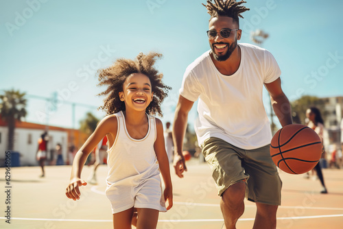 African American Dad and daughter playing basketball on court. Joint family game leisure. 