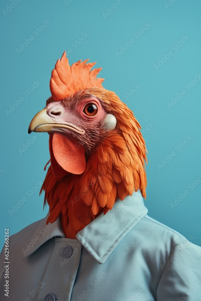 Portrait of rooster in blue jacket. AI generative art