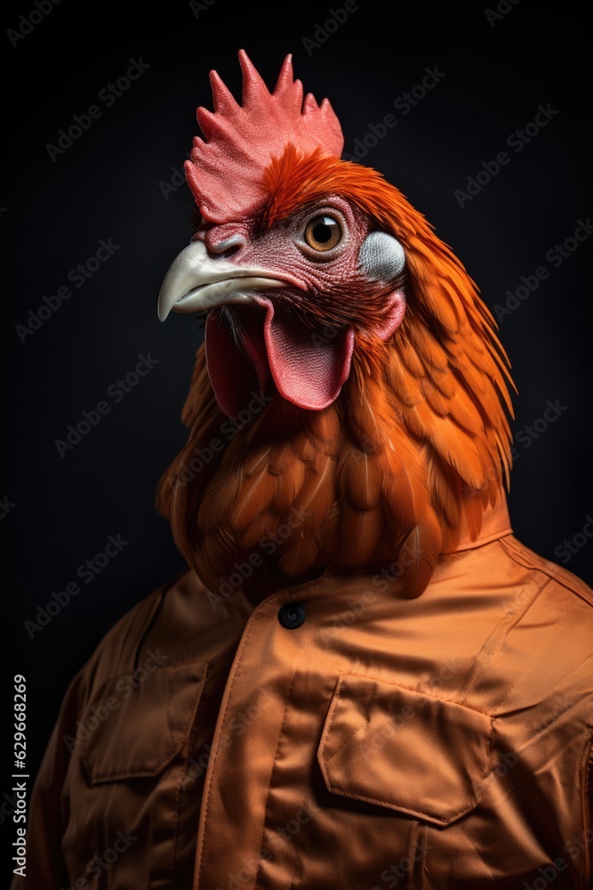 Portrait of rooster in orange prison jumpsuit. AI generative art