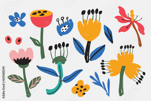 Bold abstract flowers, hand drawn blossoms and leaves. Floral elements. Modern bold floral elements set, minimal design, vector illustration. Leaves, flowers, grass branches berries