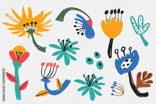 Bold abstract flowers, hand drawn blossoms and leaves. Floral elements. Modern bold floral elements set, minimal design, vector illustration. Leaves, flowers, grass branches berries