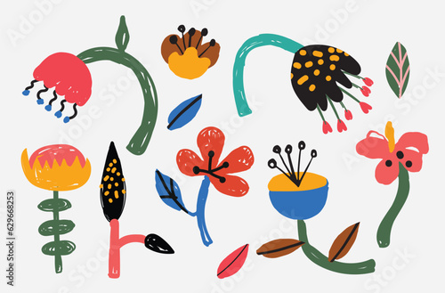Bold abstract flowers, hand drawn blossoms and leaves. Floral elements. Modern bold floral elements set, minimal design, vector illustration. Leaves, flowers, grass branches berries