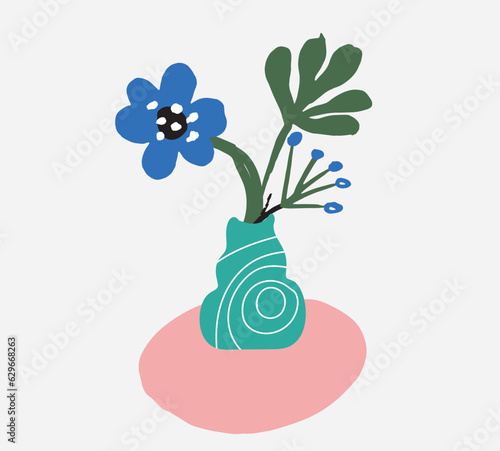 Bold abstract flowers, hand drawn blossoms and leaves in vases. Floral elements. Modern bold floral elements set, minimal design, vector illustration. Leaves, flowers, grass branches