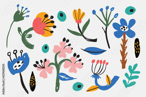 Bold abstract flowers, hand drawn blossoms and leaves. Floral elements. Modern bold floral elements set, minimal design, vector illustration. Leaves, flowers, grass branches berries