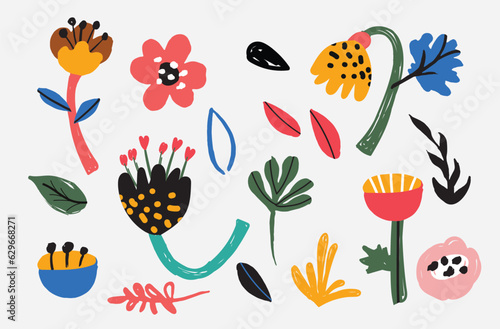 Bold abstract flowers, hand drawn blossoms and leaves. Floral elements. Modern bold floral elements set, minimal design, vector illustration. Leaves, flowers, grass branches berries