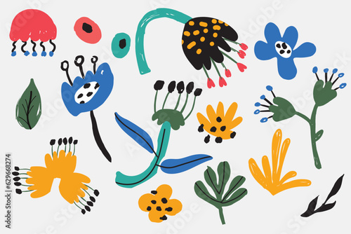 Bold abstract flowers, hand drawn blossoms and leaves. Floral elements. Modern bold floral elements set, minimal design, vector illustration. Leaves, flowers, grass branches berries