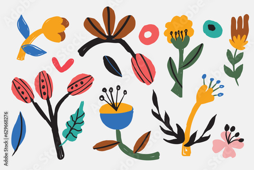 Bold abstract flowers, hand drawn blossoms and leaves. Floral elements. Modern bold floral elements set, minimal design, vector illustration. Leaves, flowers, grass branches berries