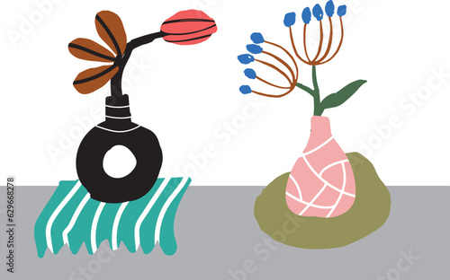 Bold abstract flowers, hand drawn blossoms and leaves in vases. Floral elements. Modern bold floral elements set, minimal design, vector illustration. Leaves, flowers, grass branches