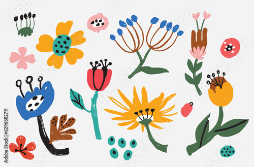 Bold abstract flowers, hand drawn blossoms and leaves. Floral elements. Modern bold floral elements set, minimal design, vector illustration. Leaves, flowers, grass branches berries
