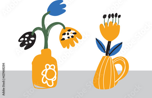 Bold abstract flowers, hand drawn blossoms and leaves in vases. Floral elements. Modern bold floral elements set, minimal design, vector illustration. Leaves, flowers, grass branches