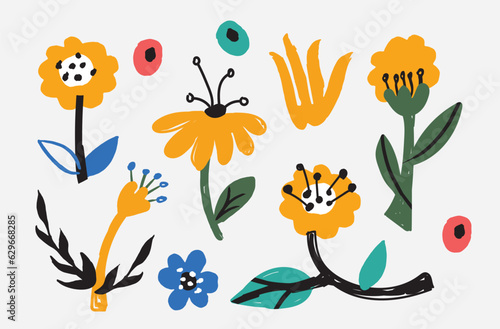 Bold abstract flowers, hand drawn blossoms and leaves. Floral elements. Modern bold floral elements set, minimal design, vector illustration. Leaves, flowers, grass branches berries