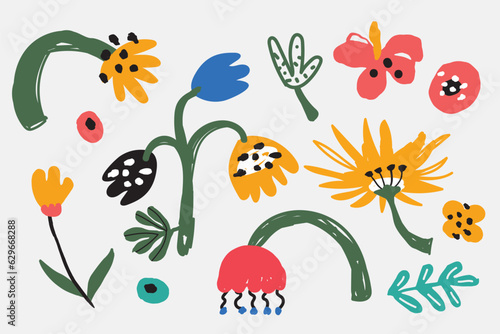 Bold abstract flowers, hand drawn blossoms and leaves. Floral elements. Modern bold floral elements set, minimal design, vector illustration. Leaves, flowers, grass branches berries