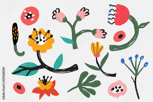 Bold abstract flowers, hand drawn blossoms and leaves. Floral elements. Modern bold floral elements set, minimal design, vector illustration. Leaves, flowers, grass branches berries