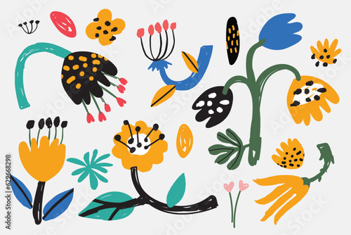 Bold abstract flowers, hand drawn blossoms and leaves. Floral elements. Modern bold floral elements set, minimal design, vector illustration. Leaves, flowers, grass branches berries
