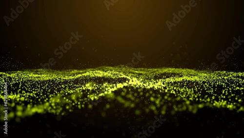 Abstract digital particle wave and light abstract background. Depth of field effect, blur effect, loop possible yellow dark