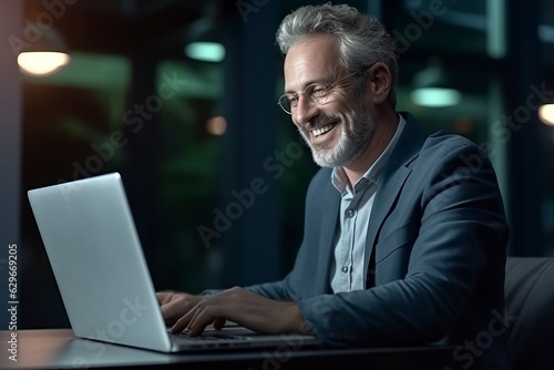 happy mature businessman executive manager looking at laptop
