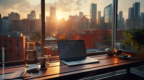 screen of Tablet and Laptop on table . Light and bokeh. from the setting sun. morning light at restaurant, modern office, tower view at urban city background . 