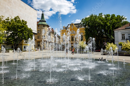 Refreshing fountain in the center of the town sqaure in Subotica town Serbia