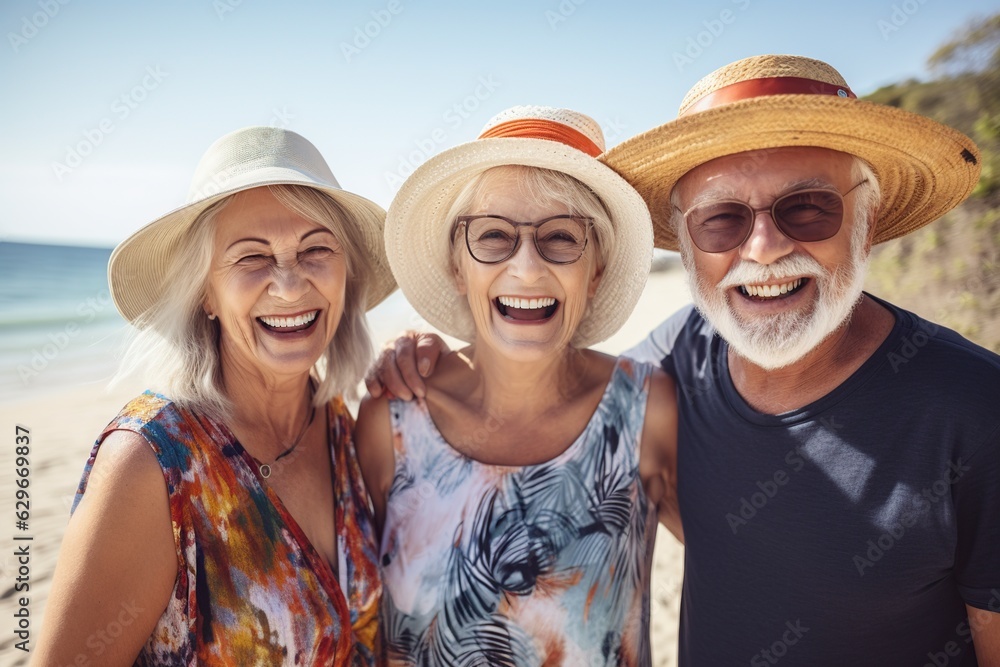 group of smiling old people on the beach group of smiling old people on the beach
