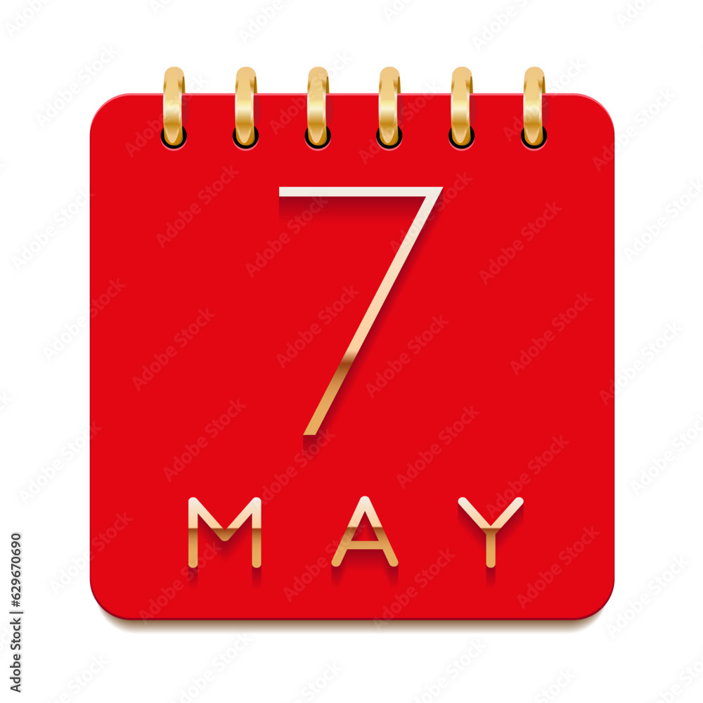 7 day of the month. May. Luxury calendar daily icon. Date day week Sunday, Monday, Tuesday, Wednesday, Thursday, Friday, Saturday. Gold text. Red paper. Vector illustration 7 day of the month. May. Luxury calendar daily icon. Date day week Sunday, Monday, Tuesday, Wednesday, Thursday, Friday, Saturday. Gold text. Red paper. Vector illustration
