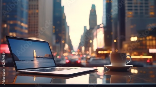 screen of Tablet and Laptop on table . Light and bokeh. from the setting sun. morning light at restaurant, modern office, tower view at urban city background . 
