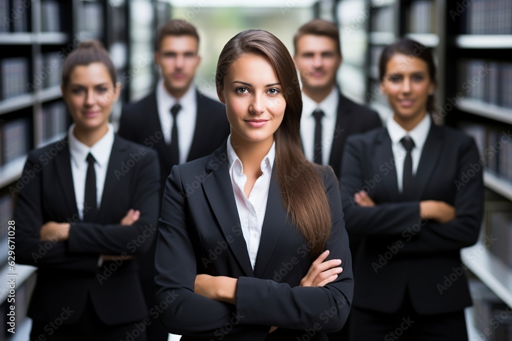 confident business team posing with their leader in a corporation confident business team posing with their leader in a corporation